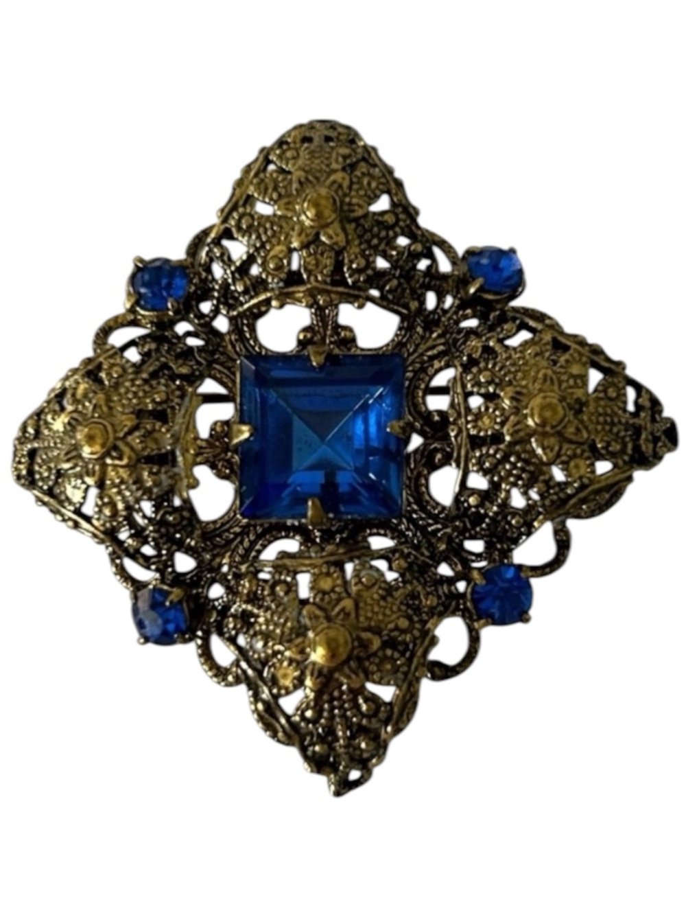 Vintage 80’s Ornate Czech Filigree Brooch Pin with Blue Rhinestone Accents